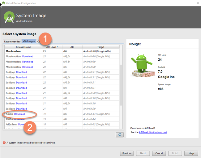 Android AVD Manager - Select System Image KitKat